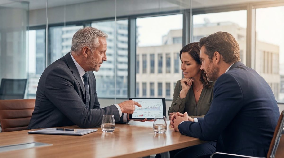 A corporate business meeting where a mature professional is presenting data on a digital tablet to two colleagues in a modern office setting - The Curated Table