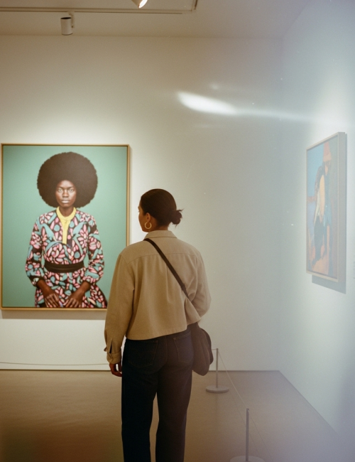 image captures a moment in an art gallery, likely at an exhibition featuring contemporary Black artists